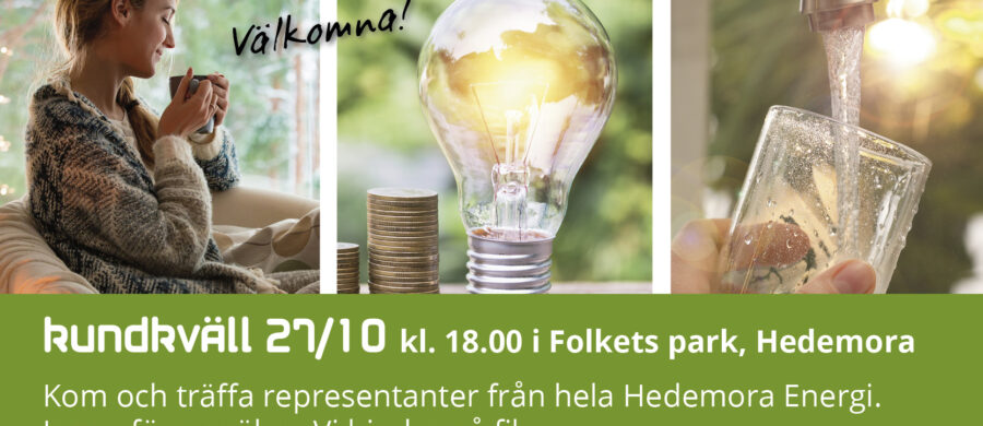 En kvinna dricker något ur en kopp. Nedan finns en skriven inbjudan till Kundkväll 27/10 kl 18 i Folkets park.